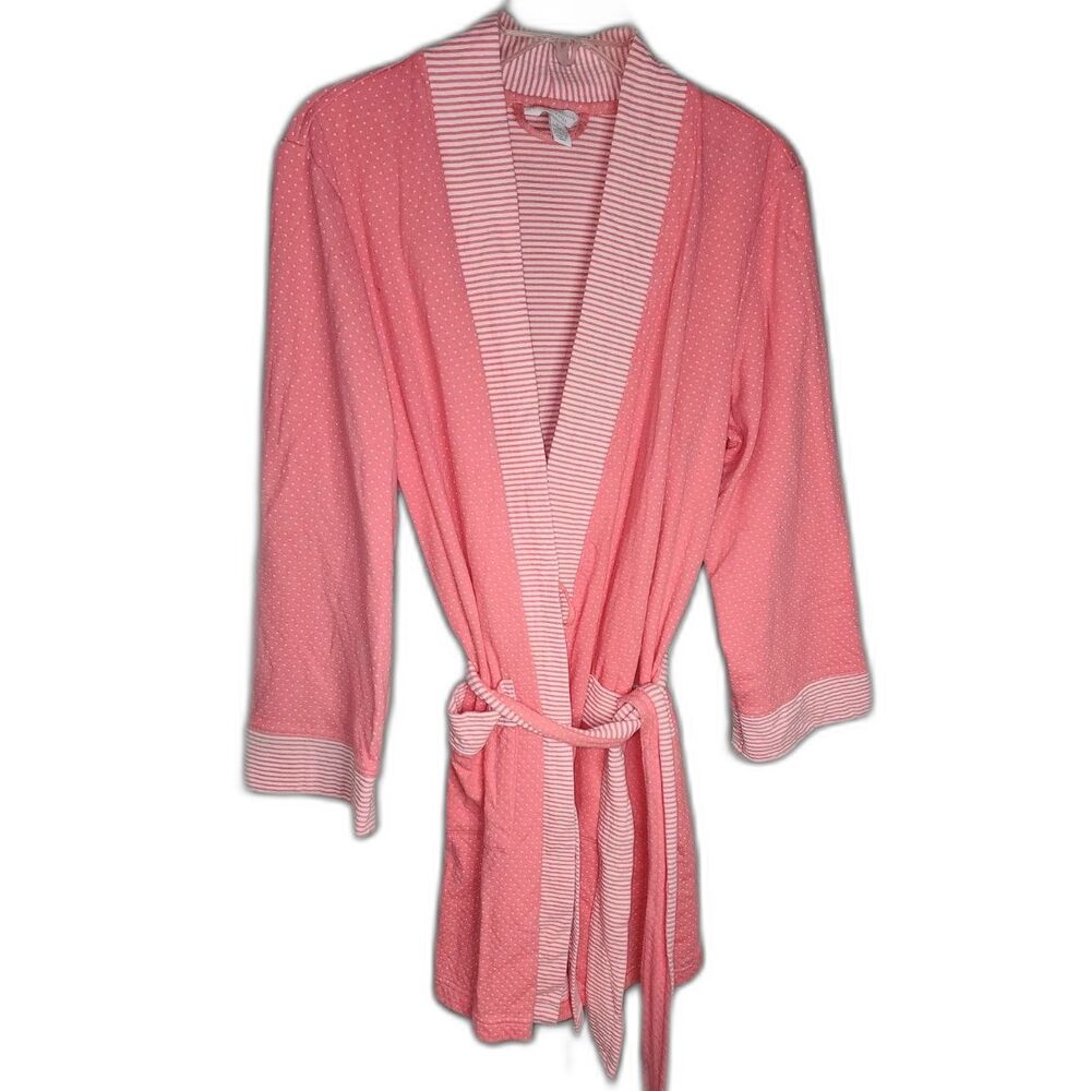 Charter Club Pink & White Polka Dot & Striped Bathrobe Size L